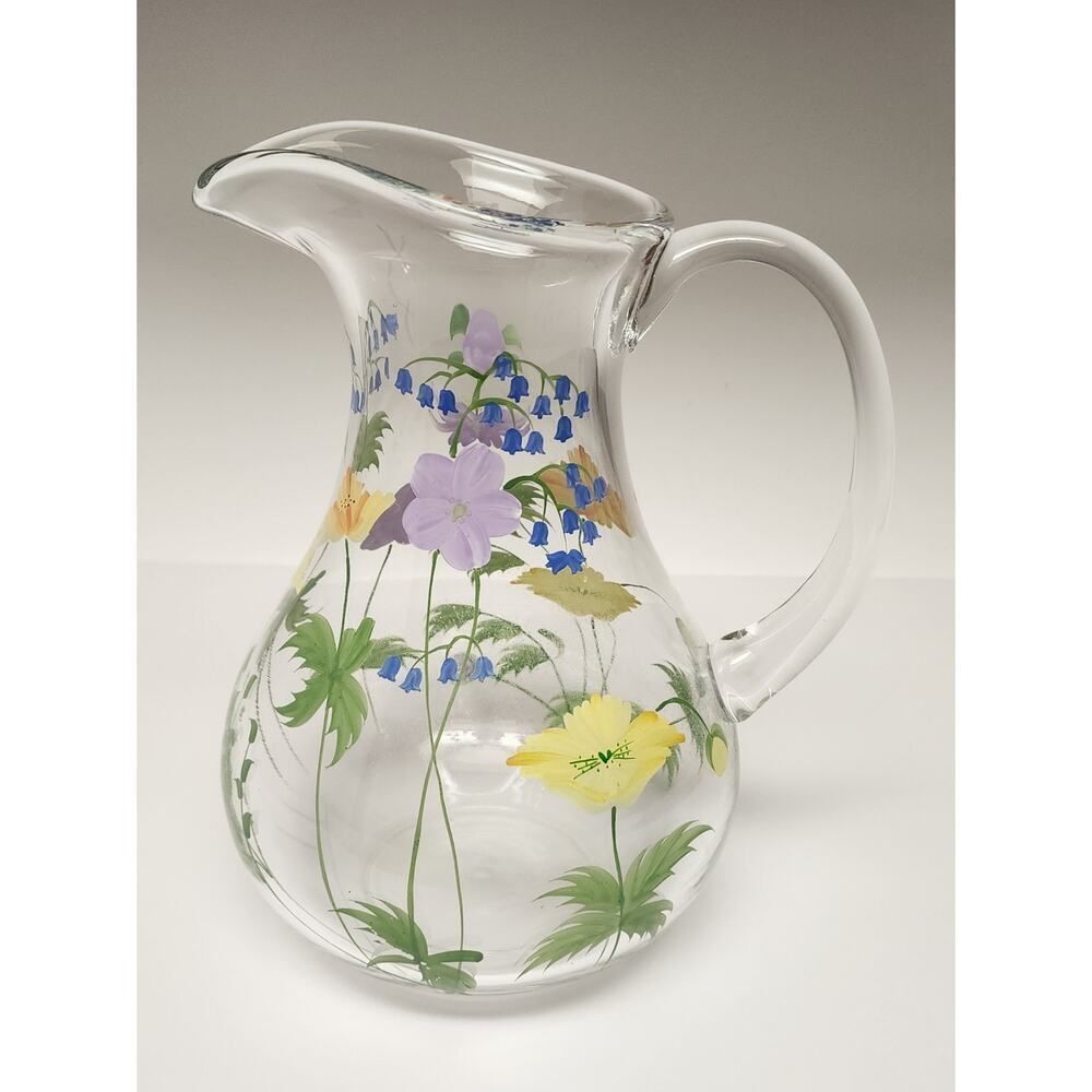 Oneida Glass Hand Painted Floral Bloom Drinkware Pitcher